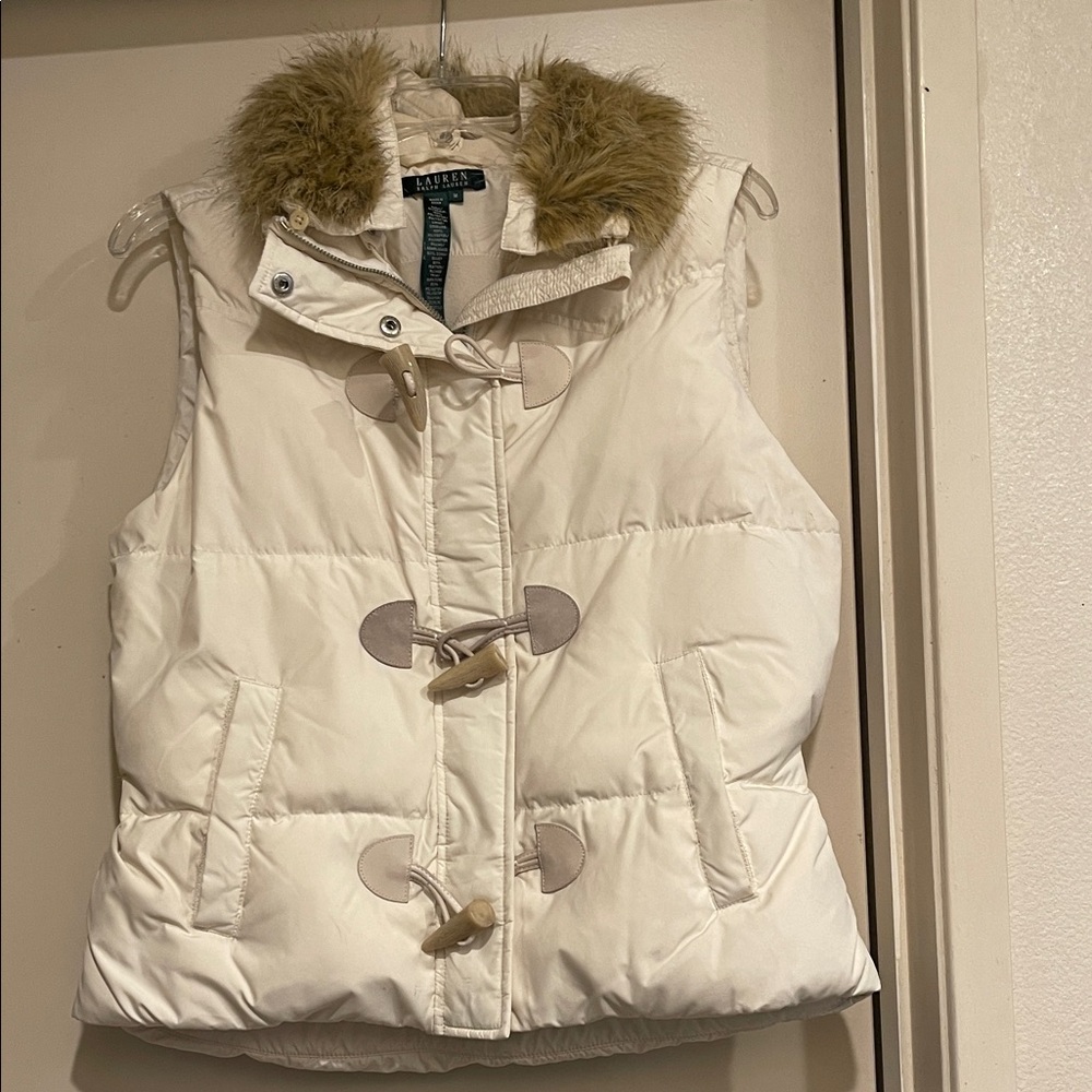Lauren Ralph Lauren Off White Puffer Vest with Detachable Faux Fur Trim